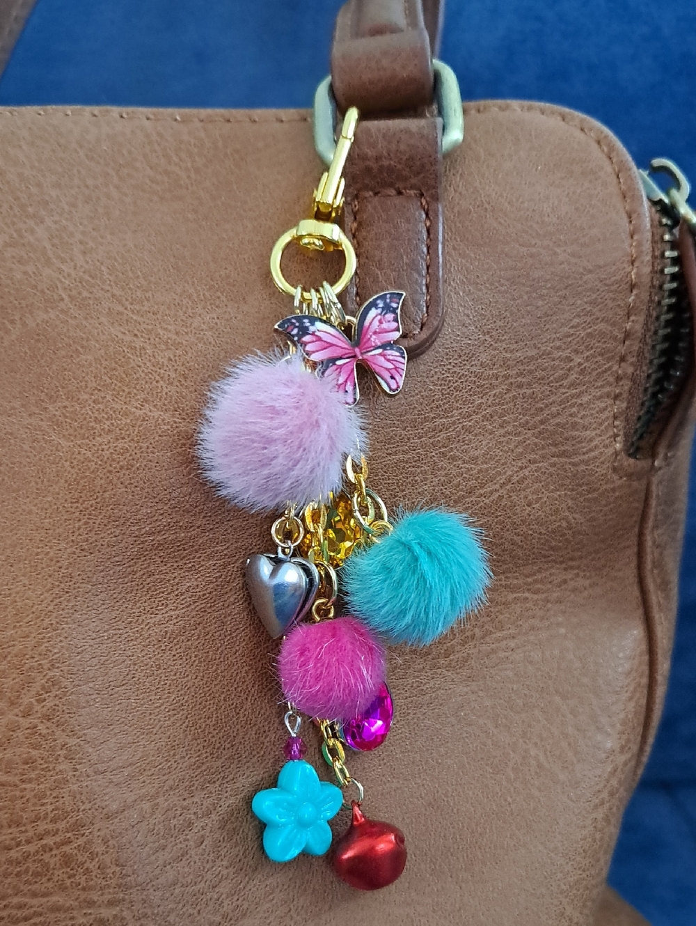 HANDMADE PURSE CHARM Pompoms! Colorful, Fun Charm w/Crystals And a Vari